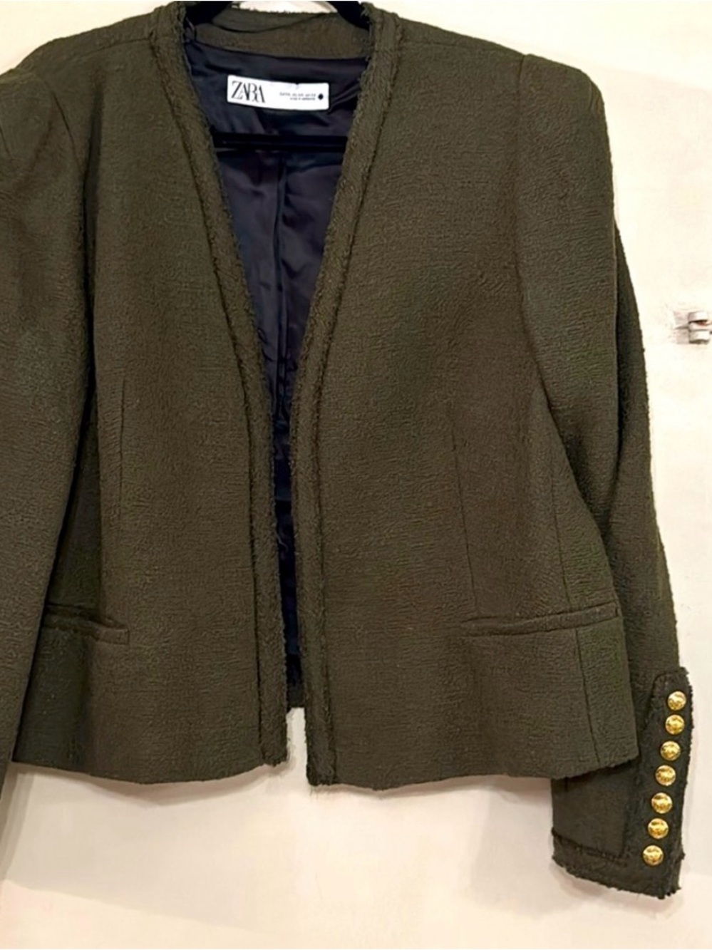 Zara Olive Green Textured Blazer with Gold Buttons